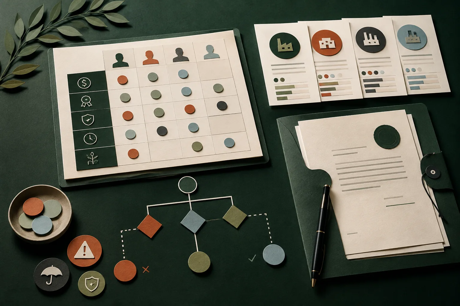 Tactile editorial illustration of a supplier evaluation matrix, risk markers, contract documents, and a branching procurement decision path.