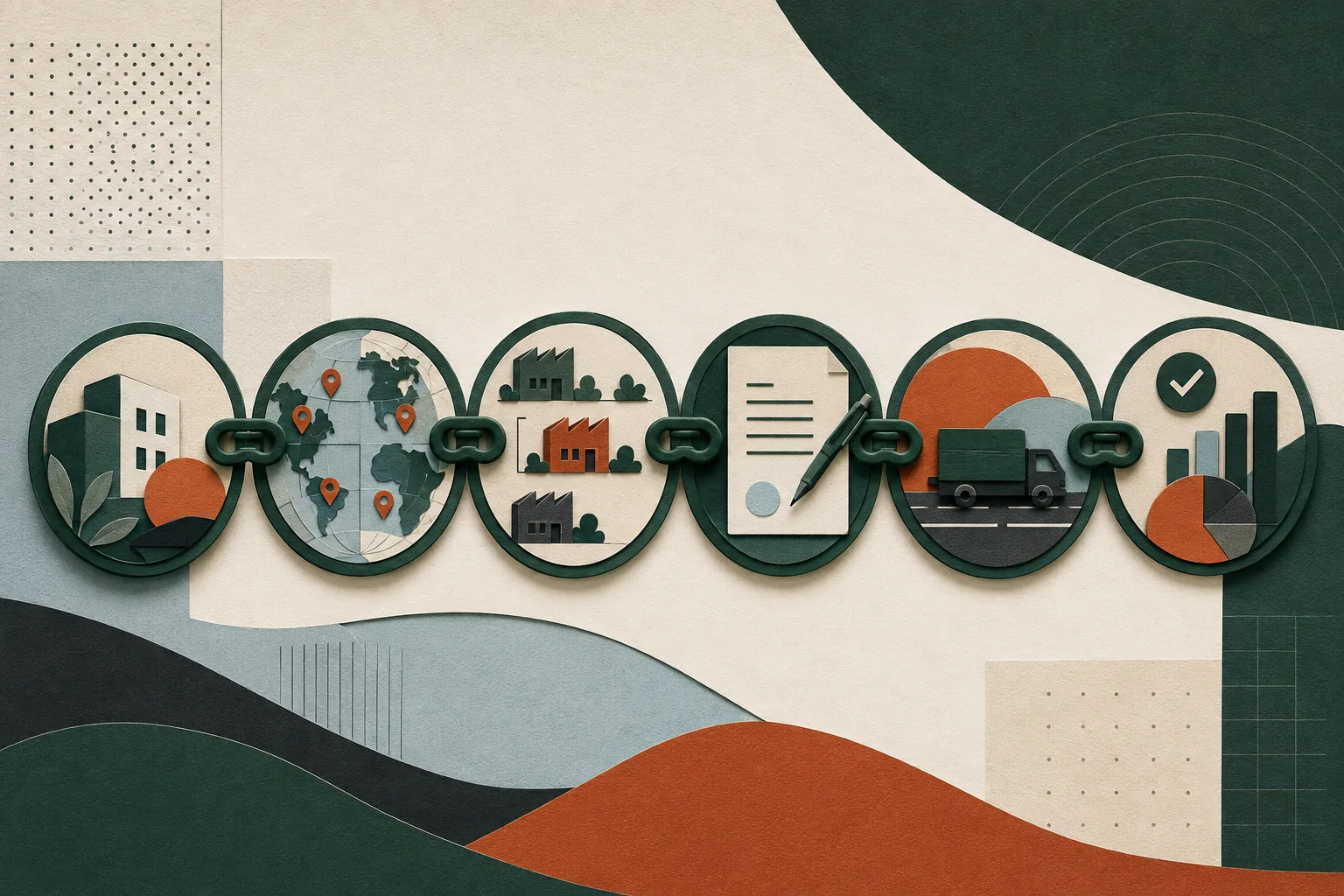 Editorial paper-cut illustration linking organizational need, market analysis, supplier choice, agreement, delivery, and performance review.