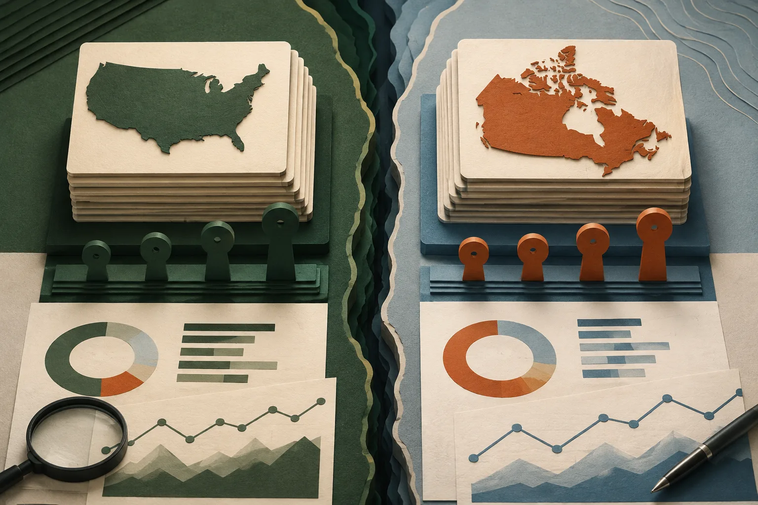Editorial paper-cut illustration comparing separate United States and Canadian occupational benchmark datasets without combining them.