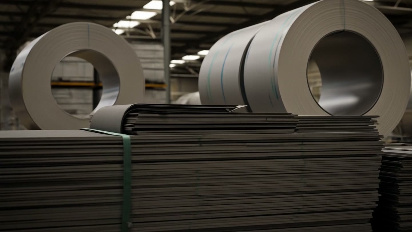Coils and stacks of sheet metal in a manufacturing facility