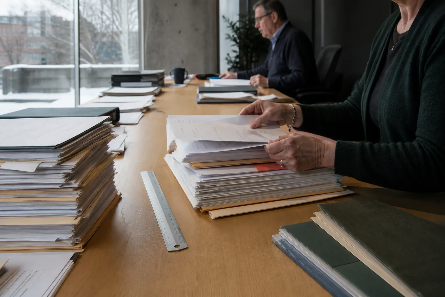 Procurement professionals reviewing tender documents and supplier submissions around a meeting table