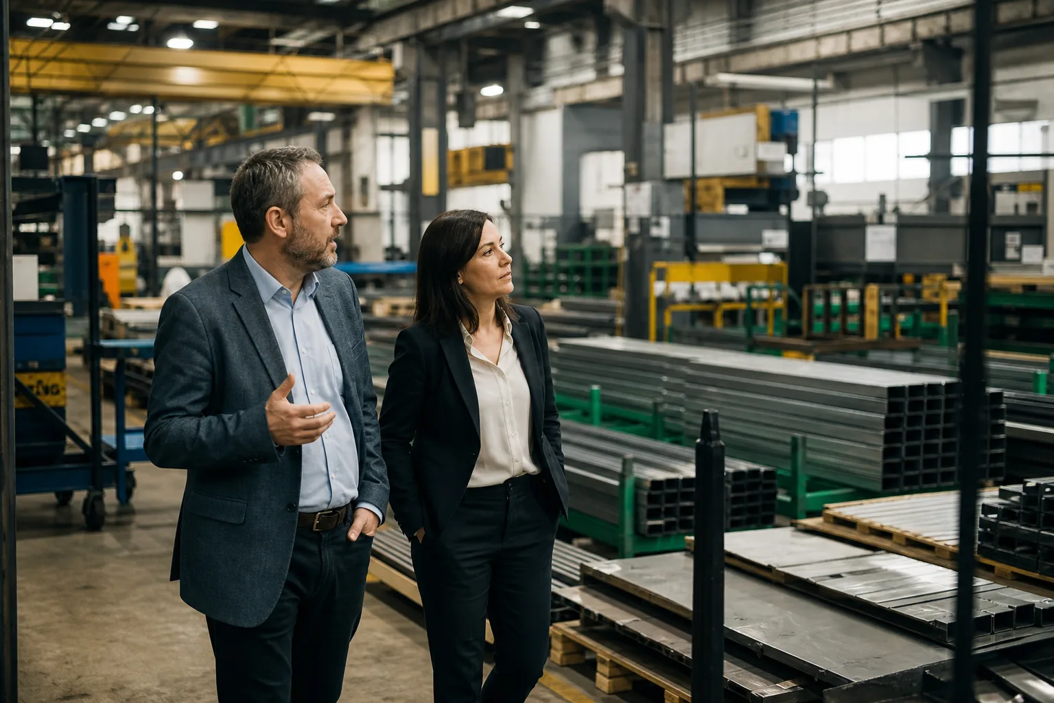 Two procurement professionals discussing operations in a manufacturing facility