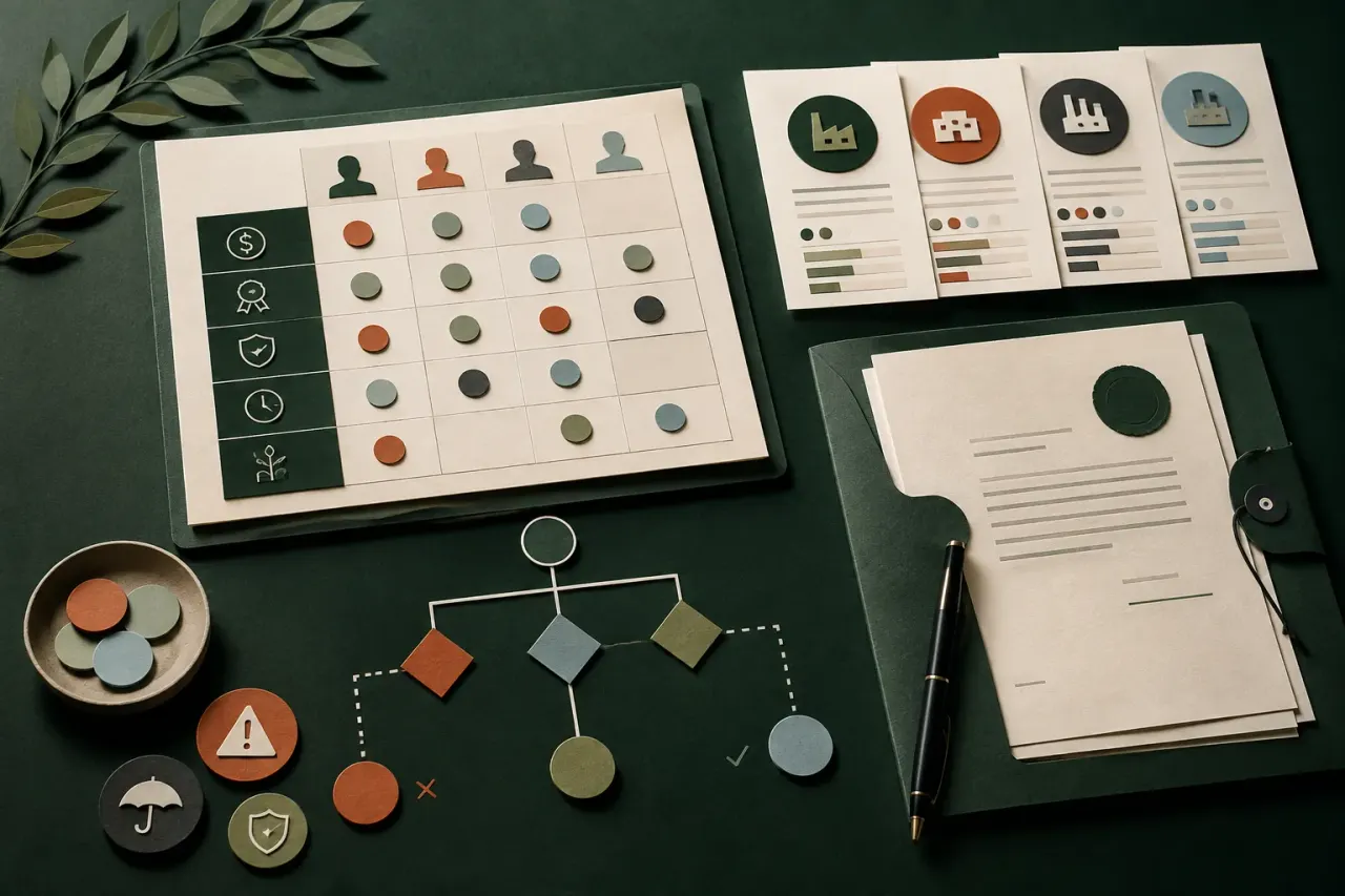 Tactile editorial illustration of a supplier evaluation matrix, risk markers, contract documents, and a branching procurement decision path.