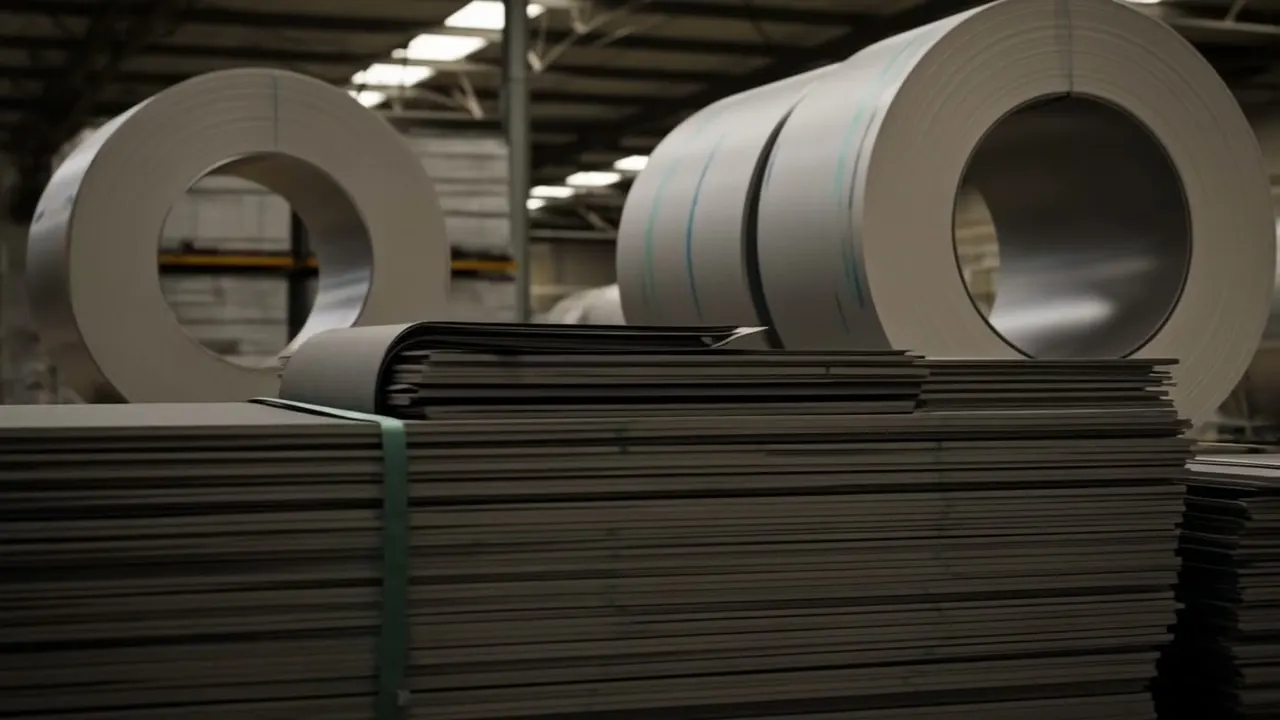 Coils and stacks of sheet metal in a manufacturing facility